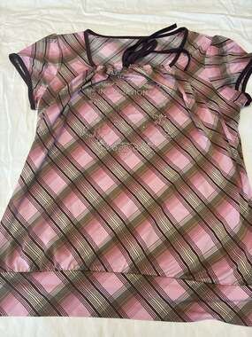 VTG Y2K No Comment Pink Plaid Rhinestone Graphic Cap Slv Top